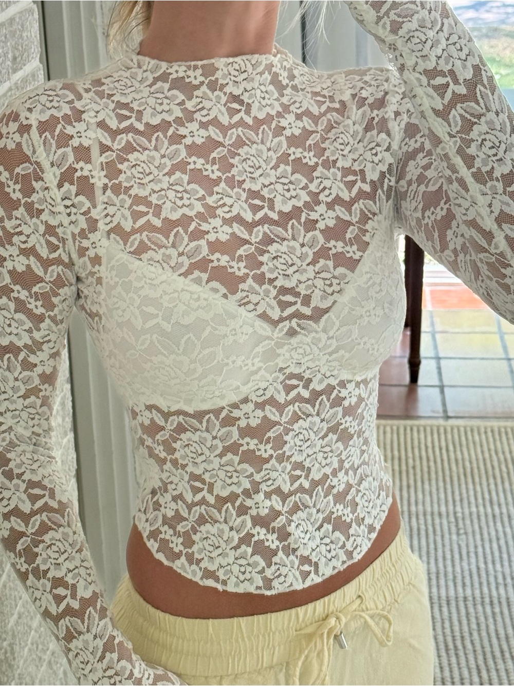 Lioness Ivory Sheer Floral Lace Long Sleeve Top